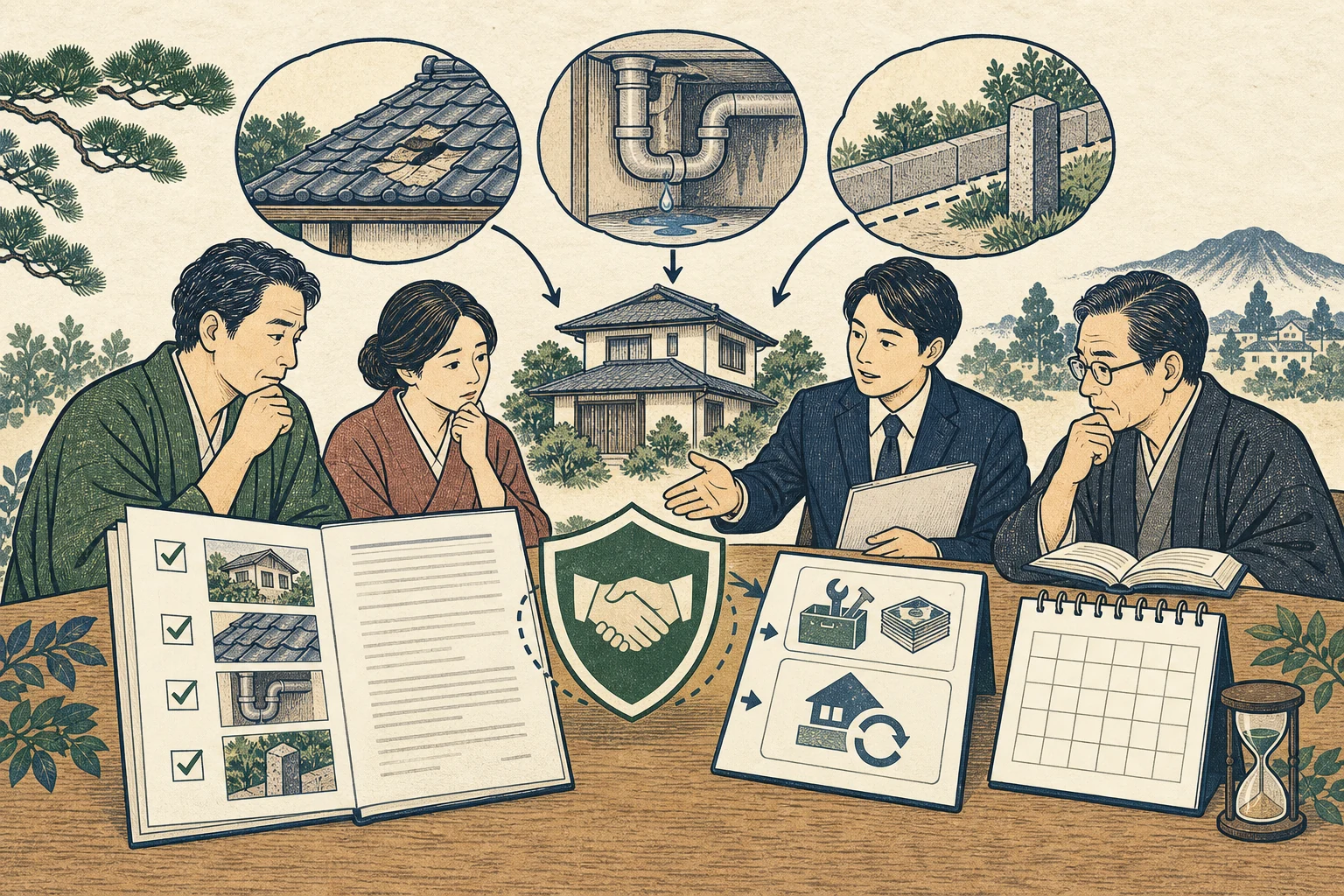 不動産売主が契約不適合責任に備えて告知書・契約条項・修繕履歴を確認する様子