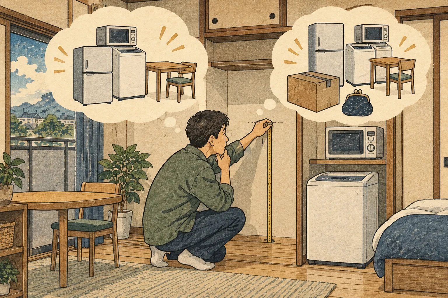 短期滞在用の部屋を測り、家電のレンタルと購入を比較する人
