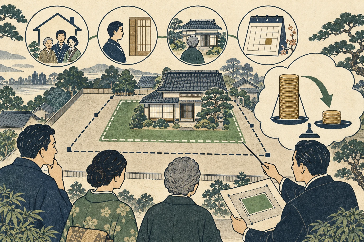 相続人が小規模宅地等の特例を用途・取得者・面積・継続要件で確認する様子