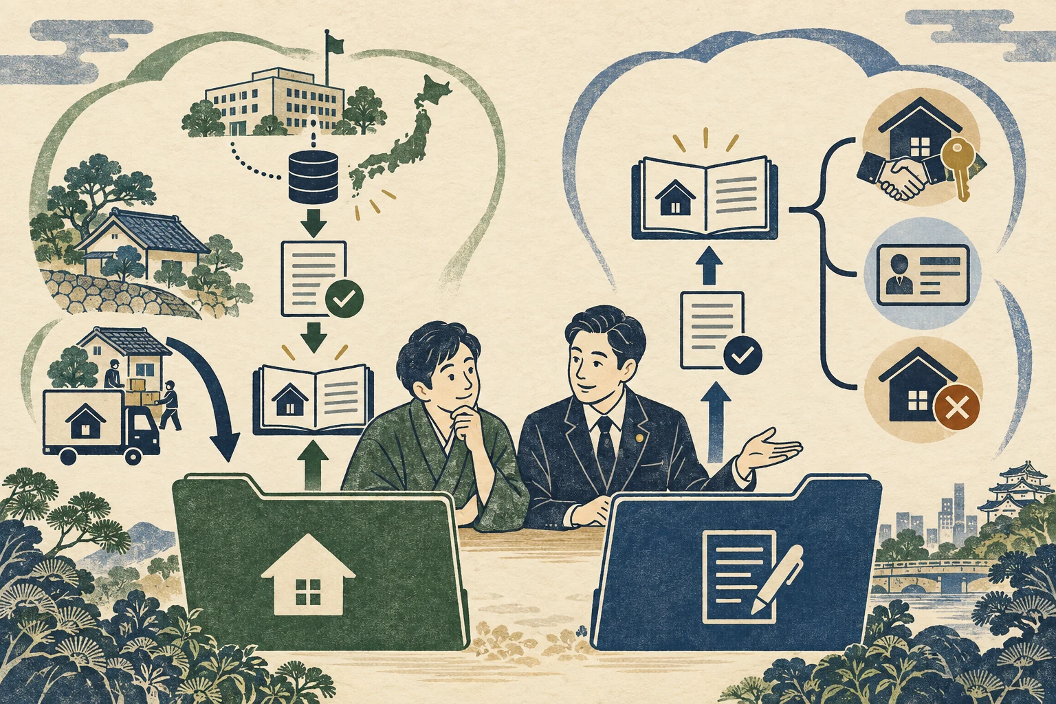 不動産所有者が住所変更登記とスマート変更登記の申出状況を確認する様子