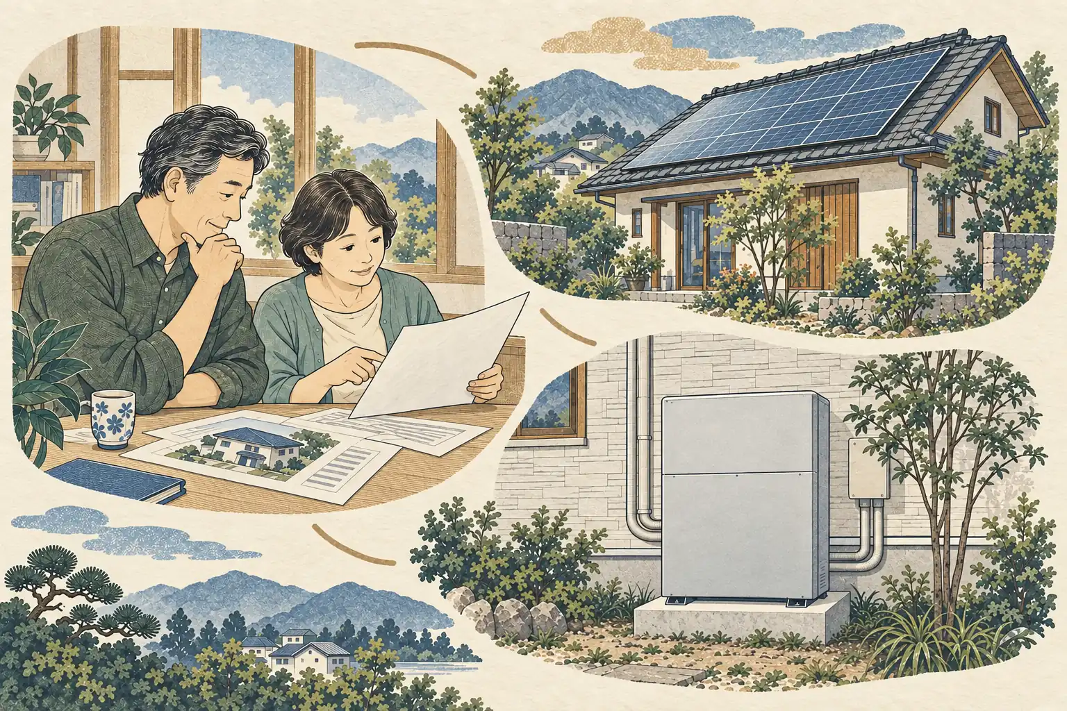 太陽光パネルと家庭用蓄電池のある家で、今後の暮らし方を相談する夫婦