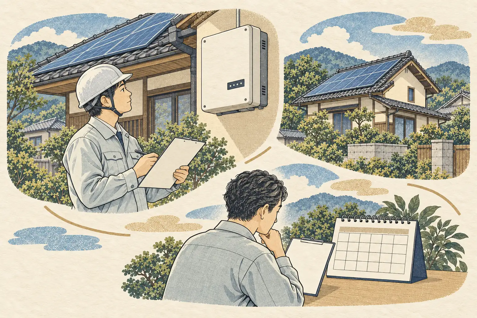 太陽光発電のパワーコンディショナを点検記録と照らし合わせる作業員