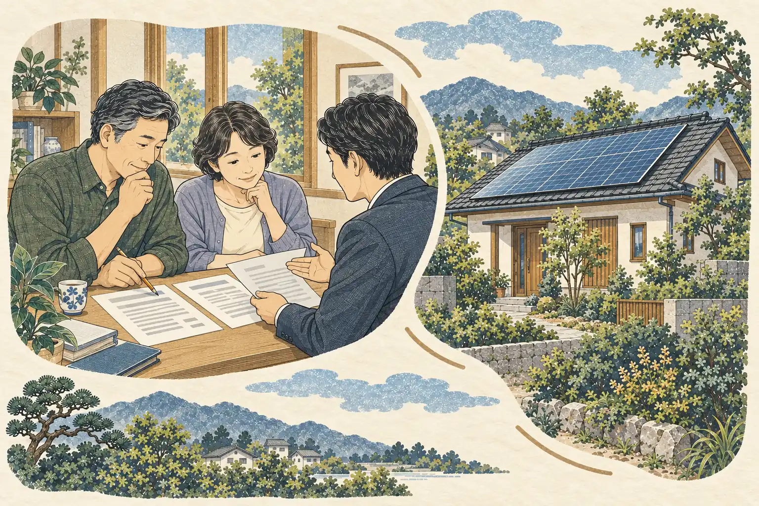太陽光発電の契約書を読み比べ、説明を受けながら条件を確認する夫婦