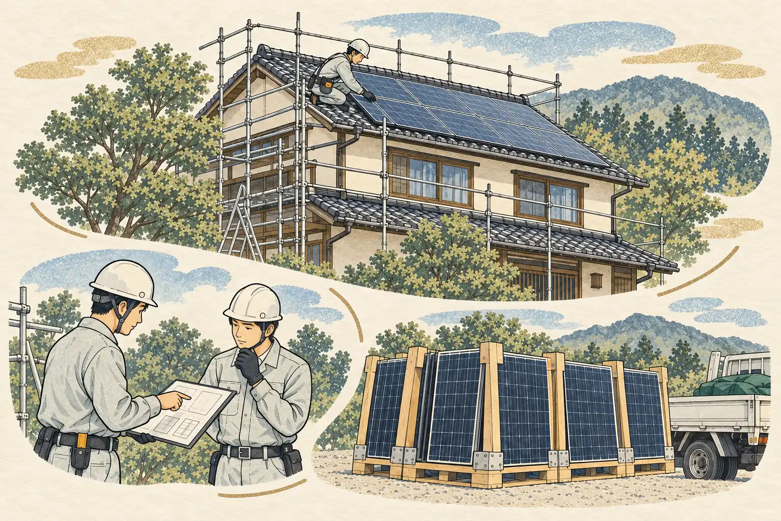足場のある古い家で太陽光パネルの撤去と運搬を準備する作業員