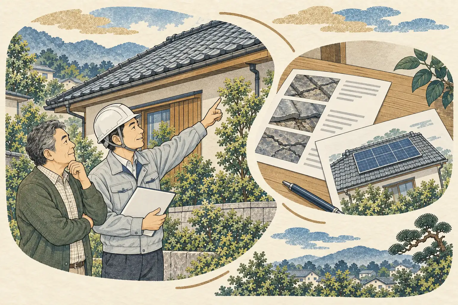 古い家の屋根を地上から確認し、太陽光発電の設置について相談する家主と専門業者