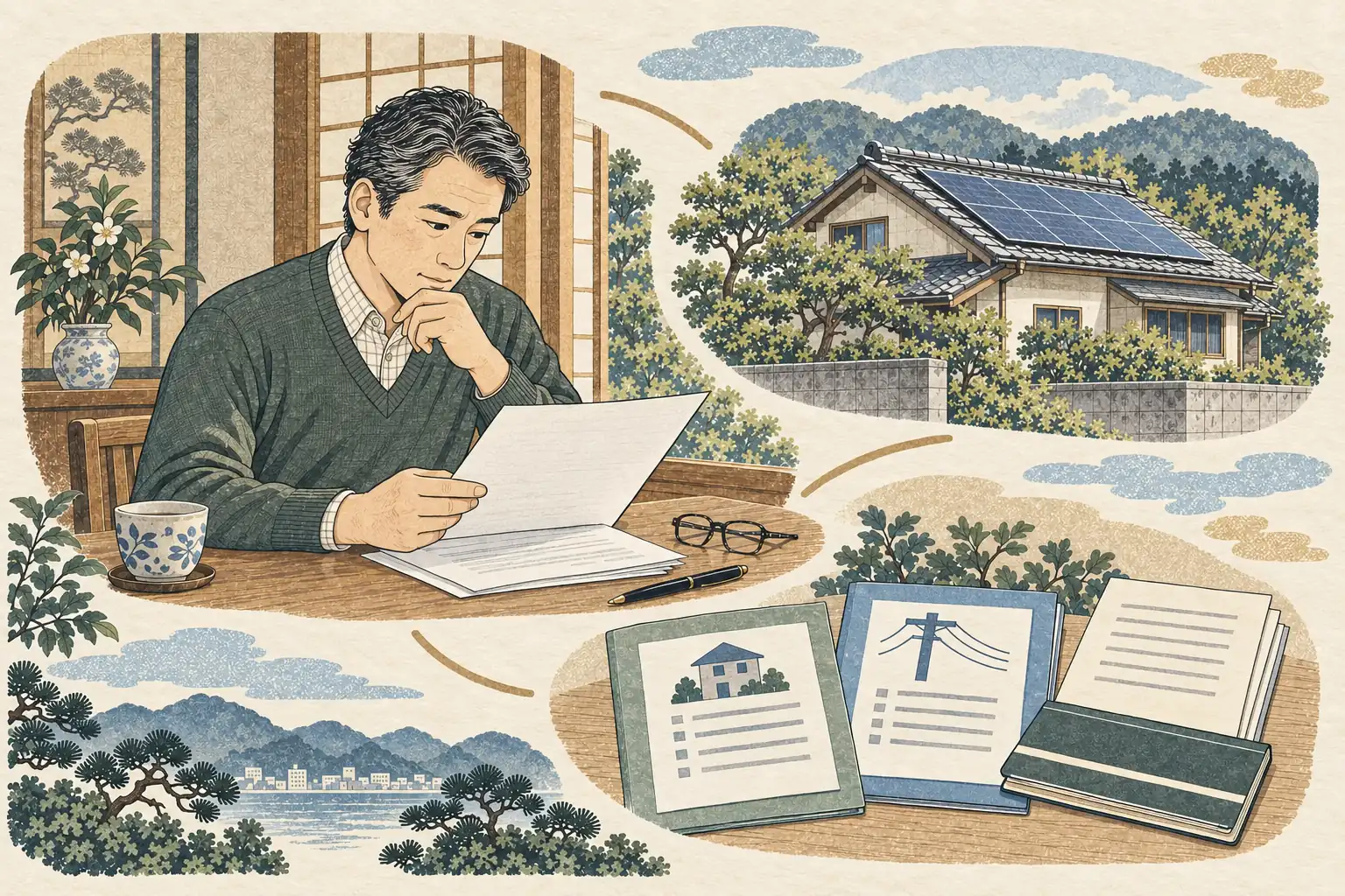 太陽光パネルのある実家を背景に、引き継ぐ書類と通帳を確認する人