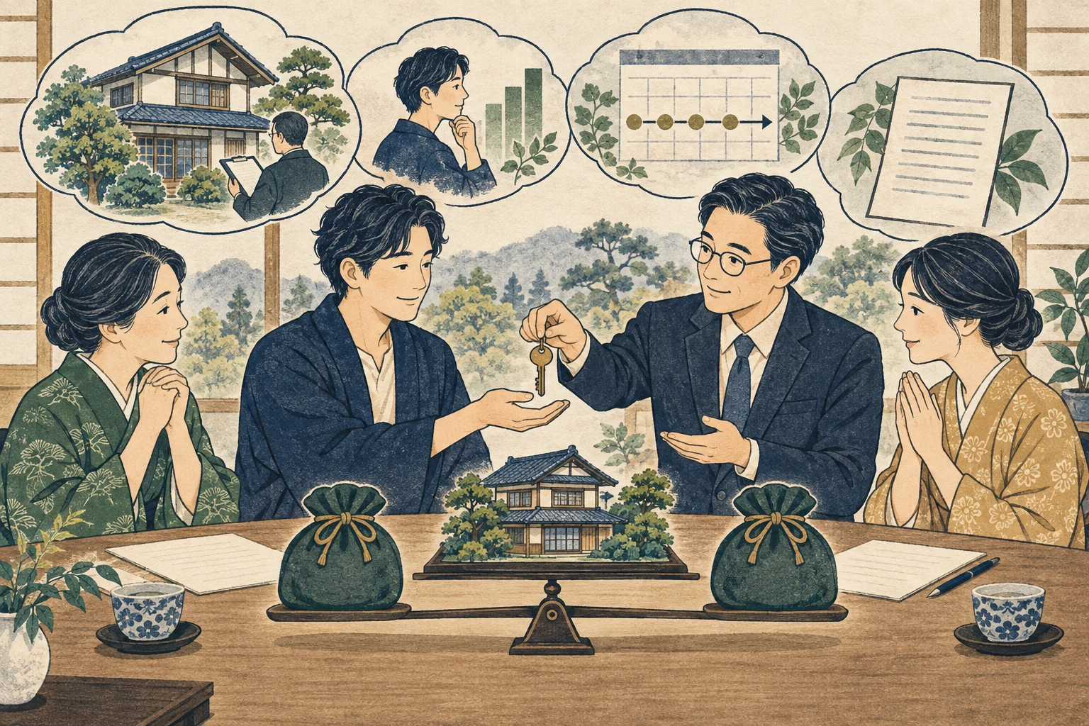 相続人が不動産の評価と代償金の支払方法を確認して代償分割を検討する様子