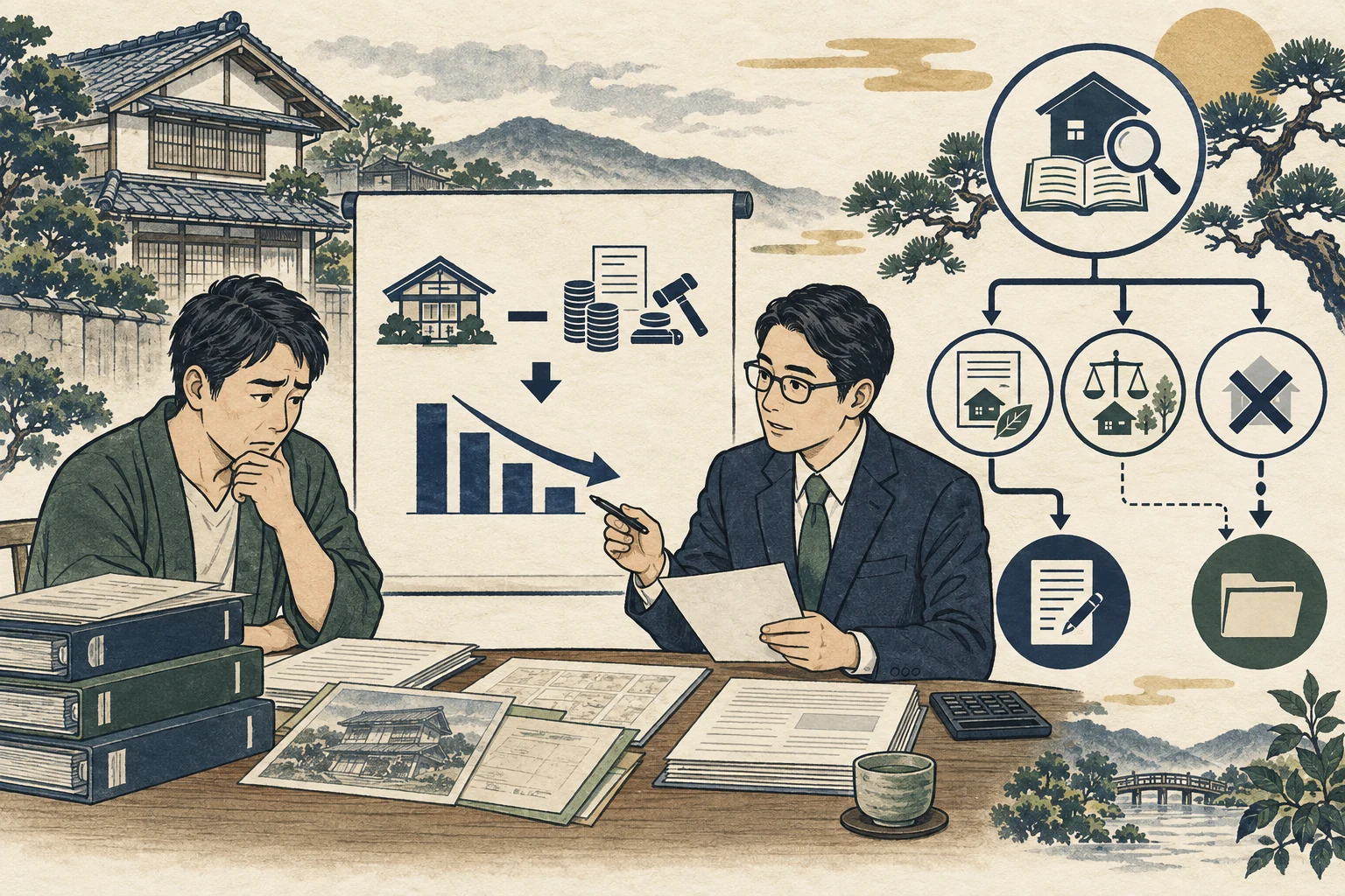 相続不動産を損失で売った売主が取得費・減価償却・譲渡費用を計算する様子