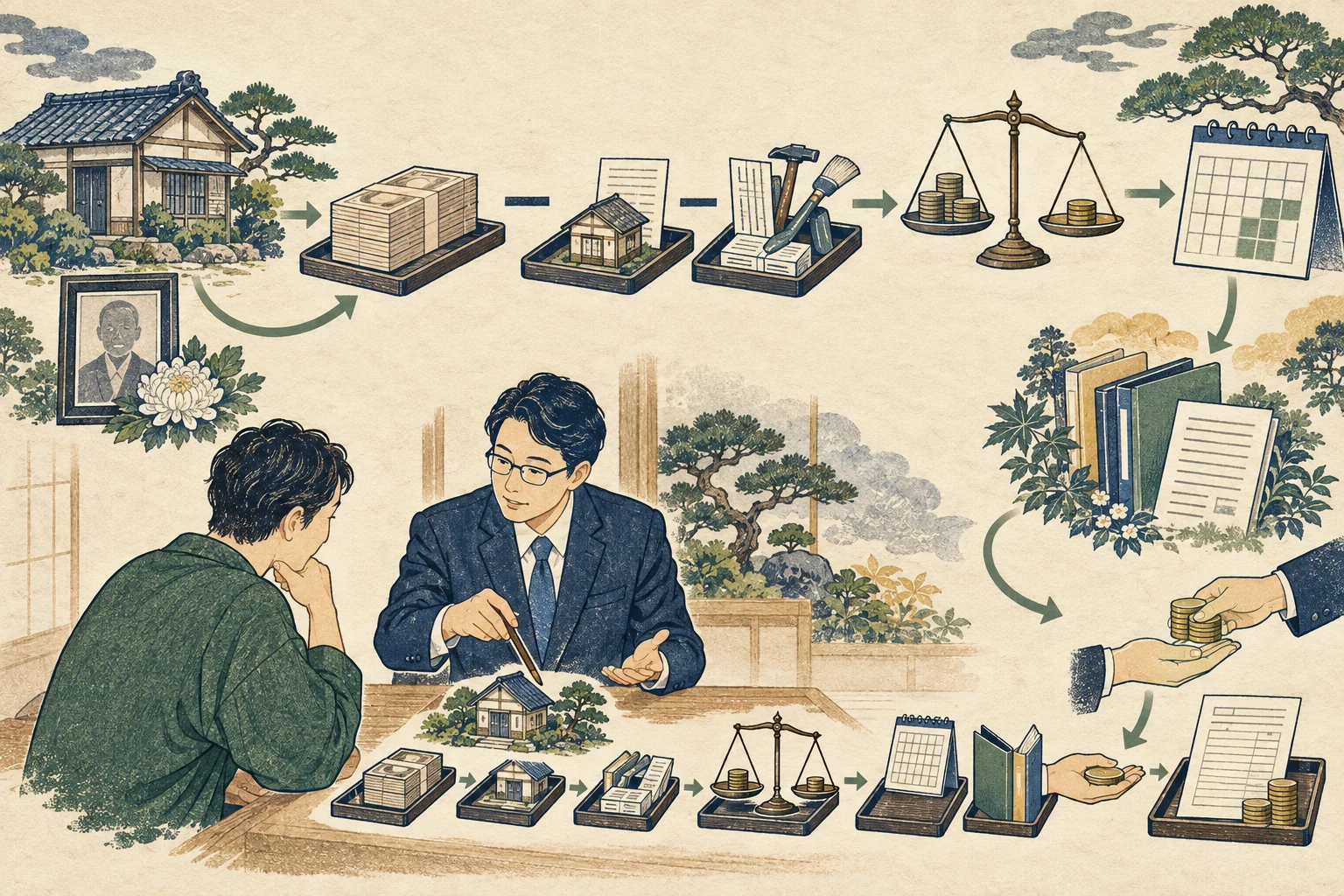 相続した家の売却にかかる税を相続・契約・譲渡所得・翌年度に分けて確認する様子