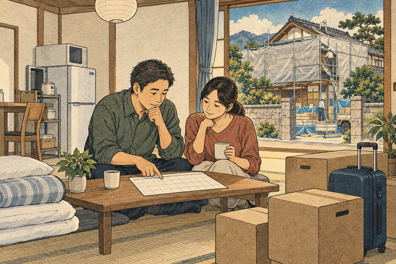 改修中の家を見ながら仮住まいの期間と生活用品を確認する夫婦