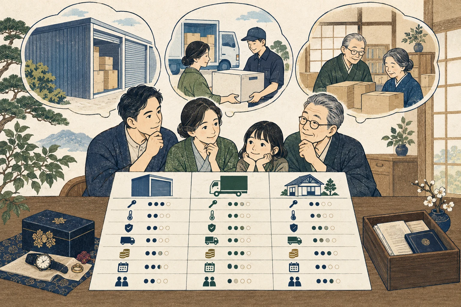 相続人が家財を分類し一時保管の環境・費用・期限を確認する様子