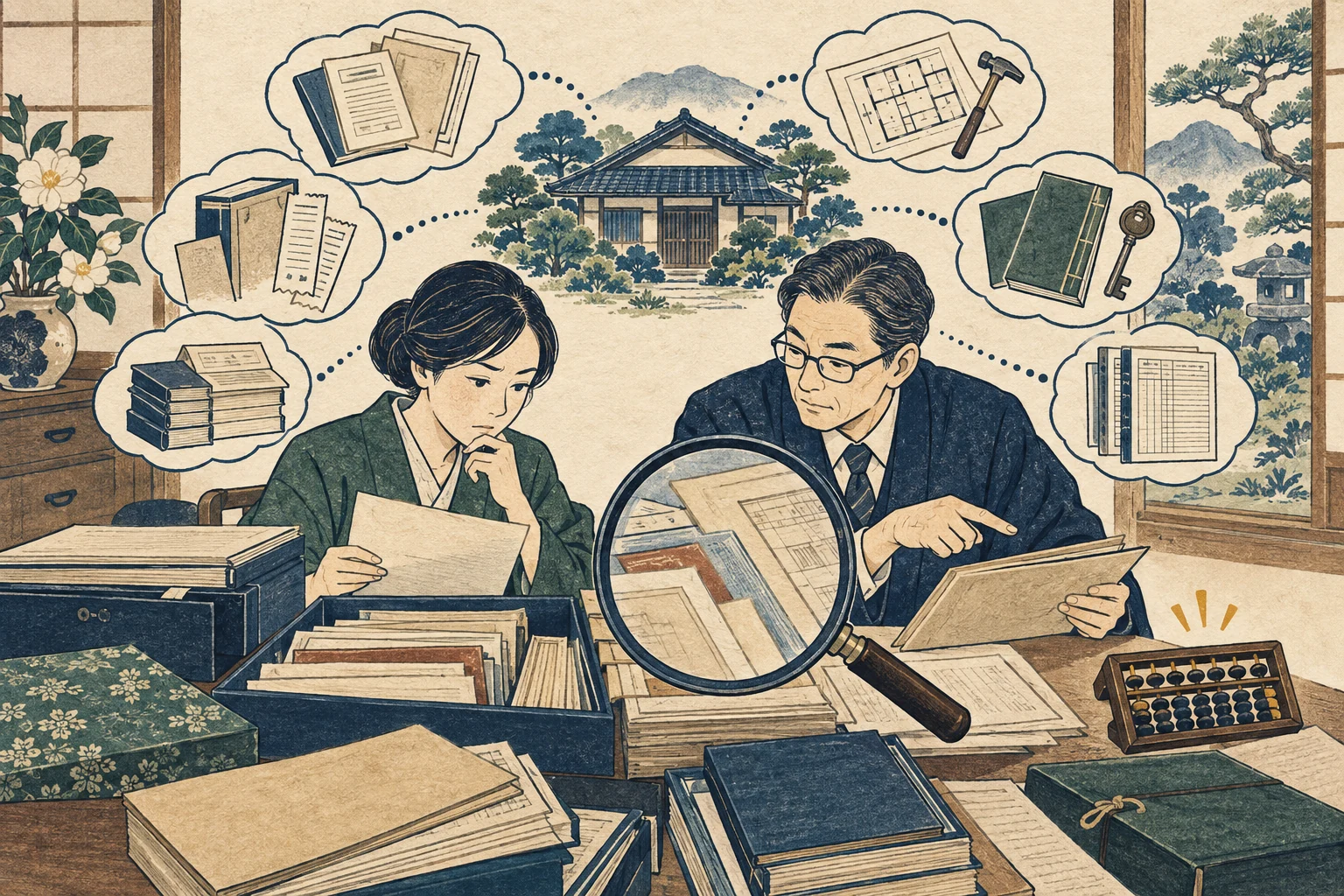 相続家屋の取得費を調べるため古い契約書・通帳・ローン・建築資料を探す様子