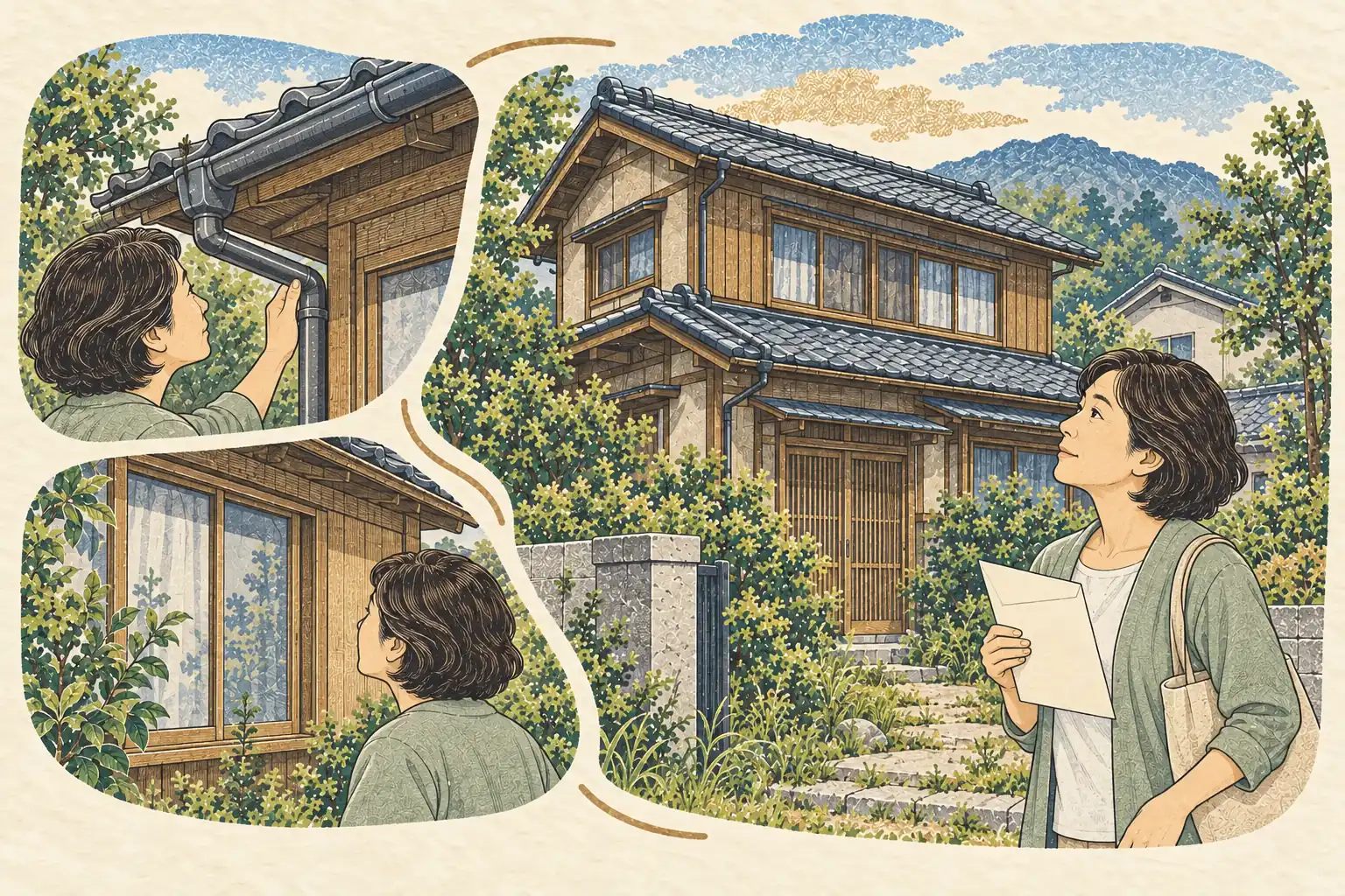 封書を手に空き家を見上げる女性と、雨どいや窓の状態を確かめる様子。