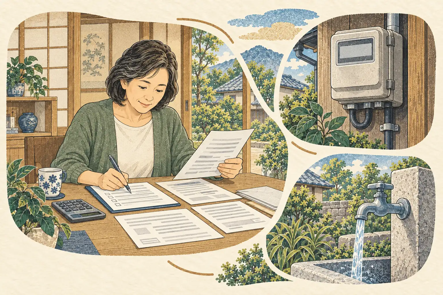 実家で検針票や請求書を並べ、公共料金の契約先を書き出す中年の娘
