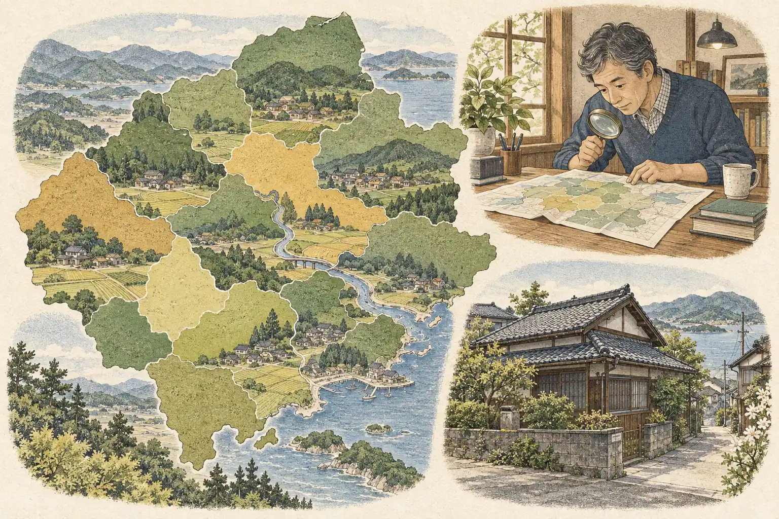 地域ごとに色を塗り分けた地図、虫めがねで調べる人と町並みの空き家
