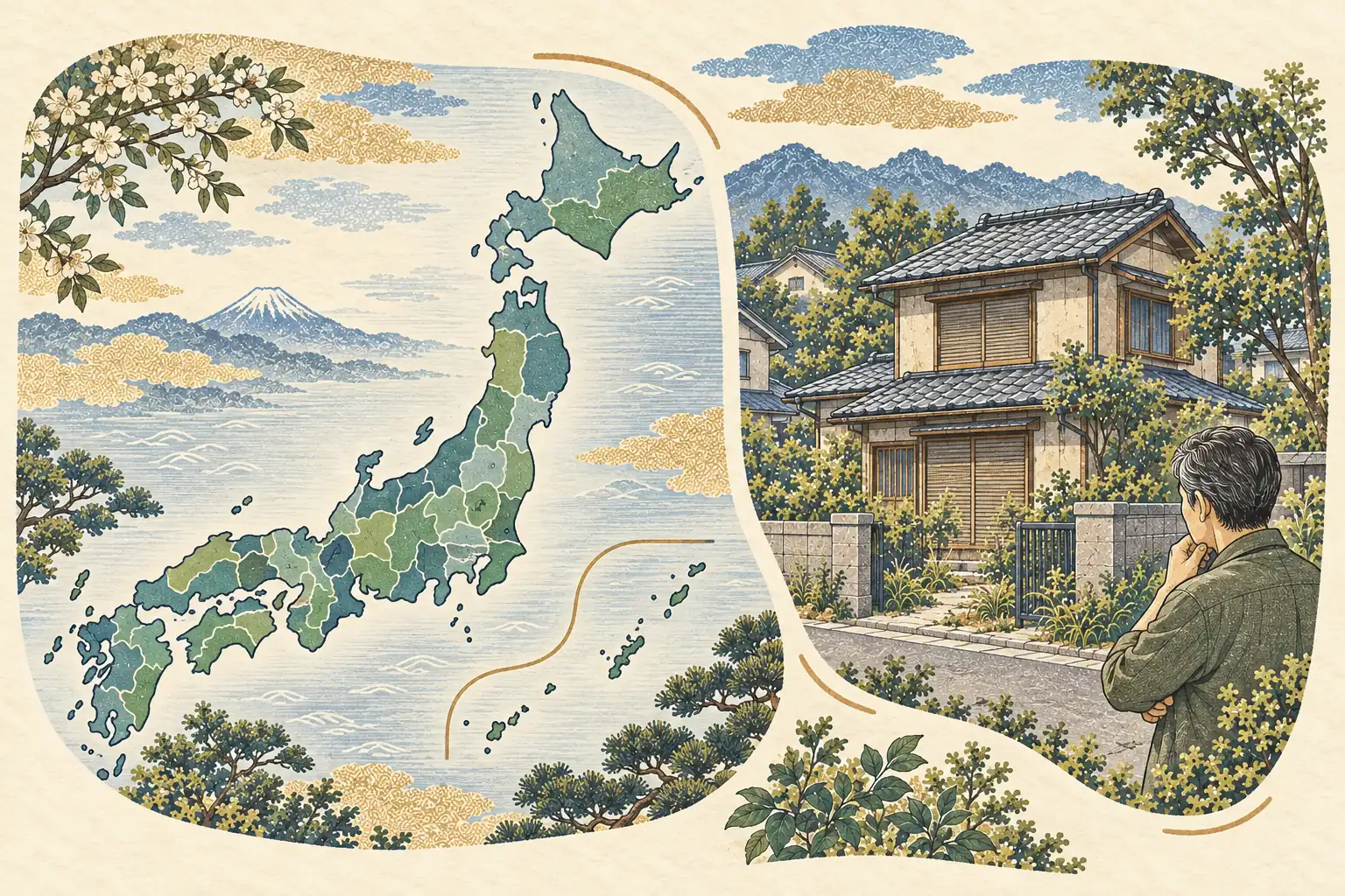 色分けした日本地図風のイメージと、町並みの空き家を見つめる男性。