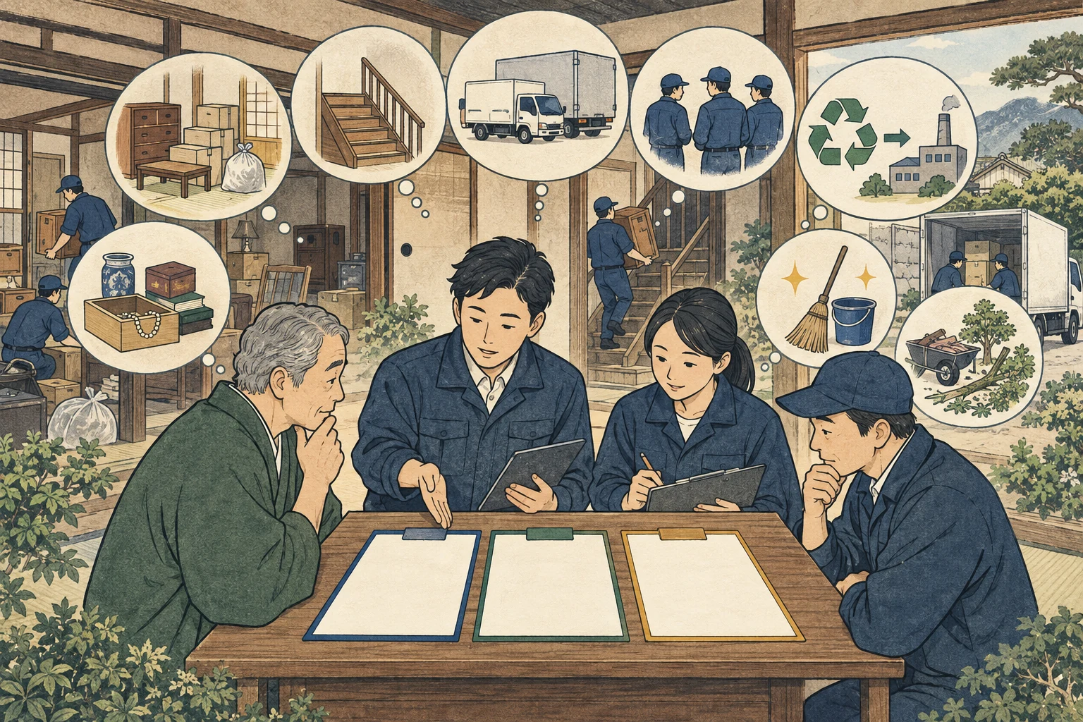 空き家の家財量と搬出条件を確認し片付け見積りを比べる様子