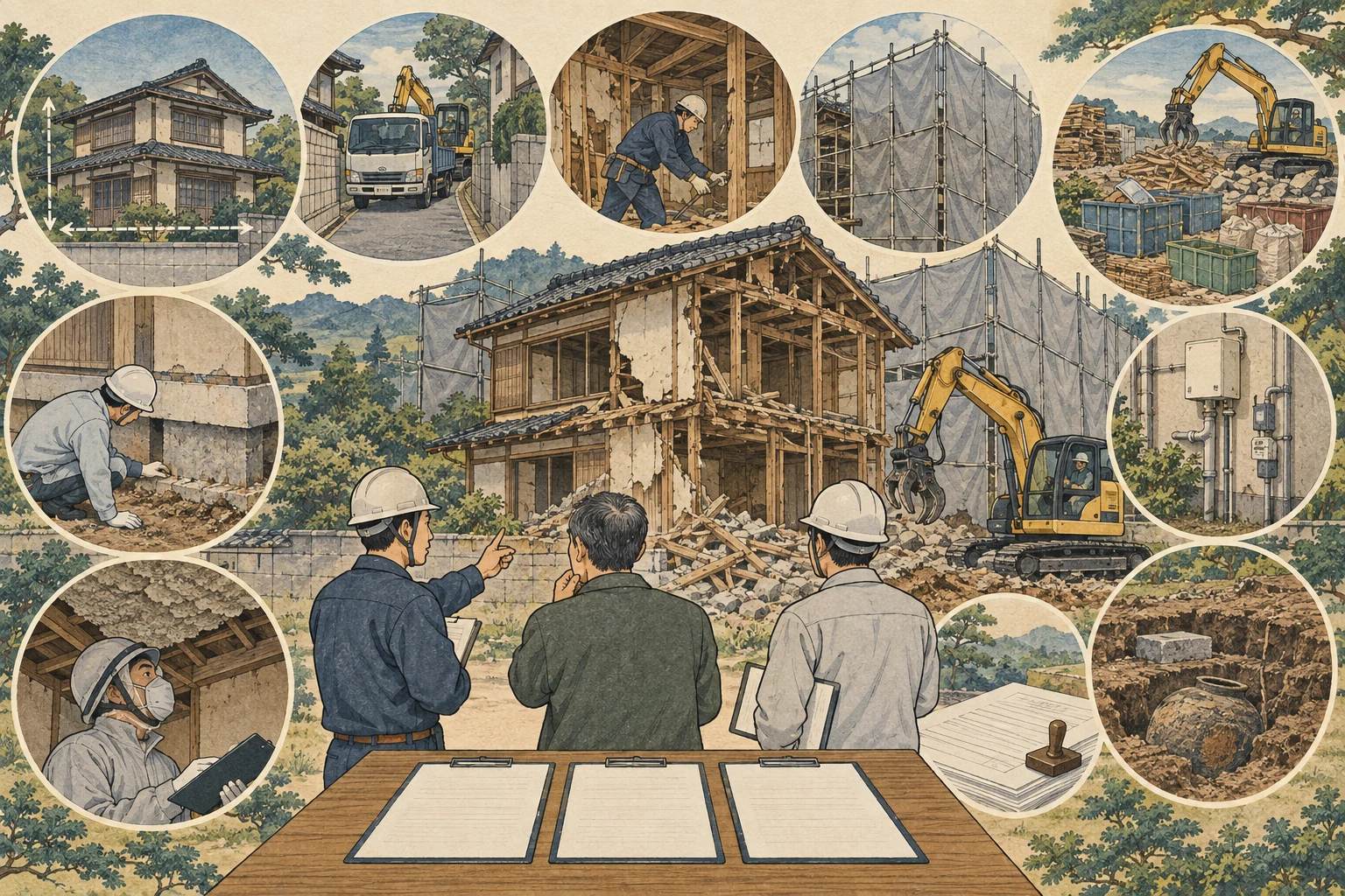 空き家の解体費を構造・残置物・石綿・道路条件・整地に分けて確認する様子