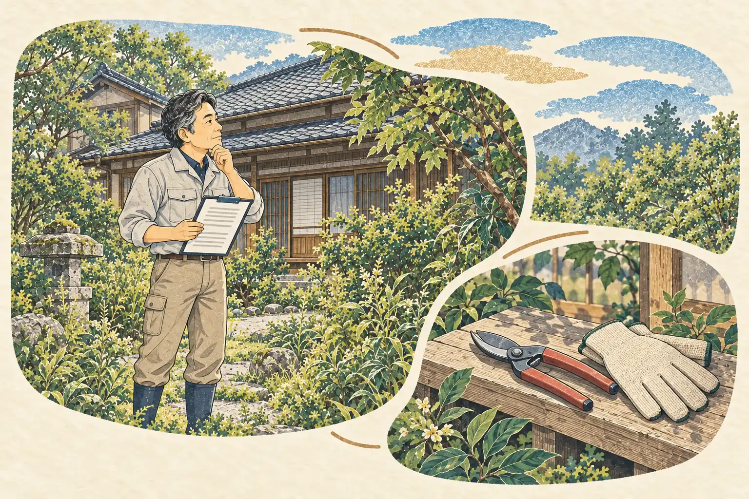 伸びた庭木と雑草のある実家の庭で、手入れの範囲を確かめる中年の男性