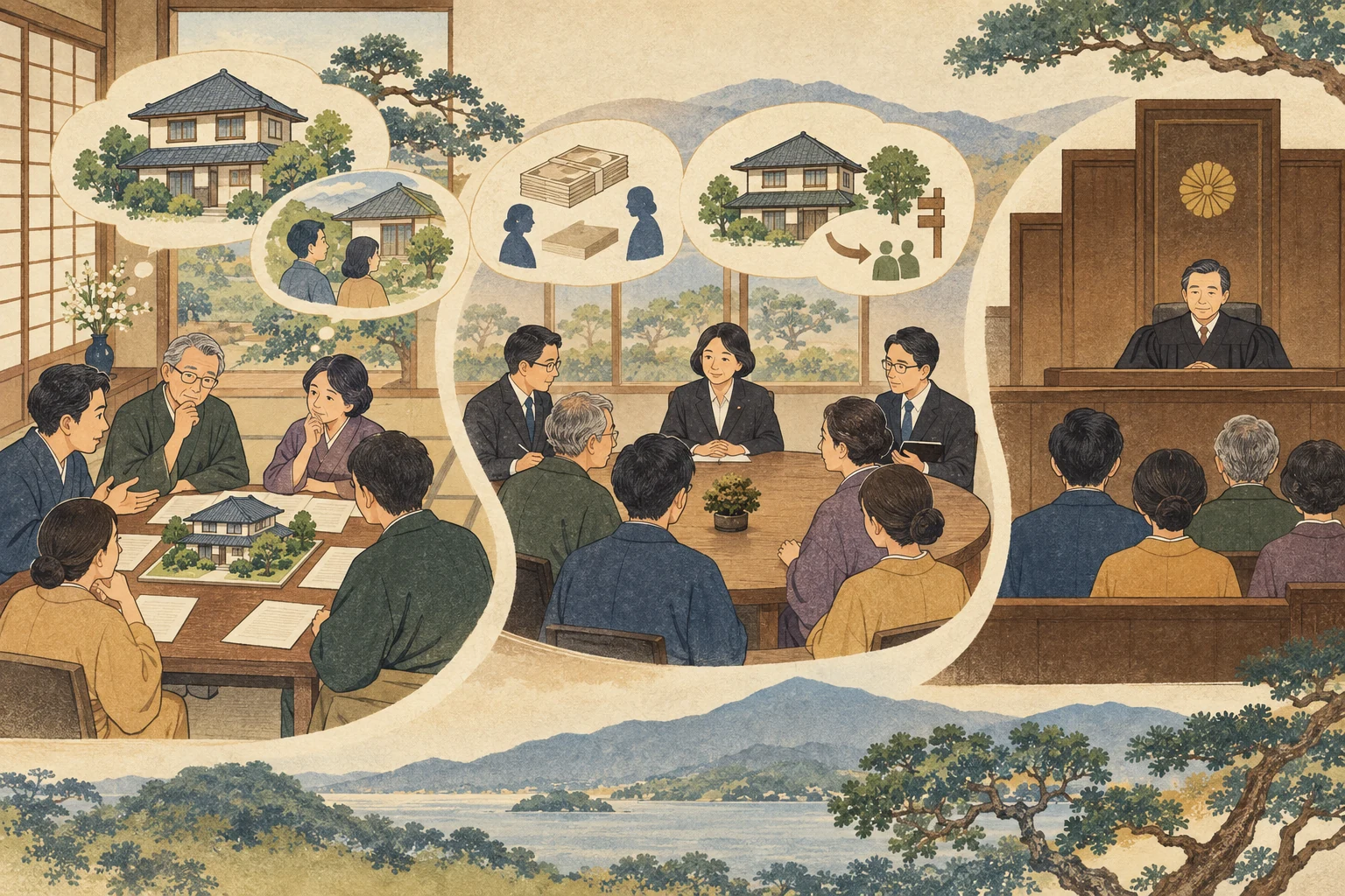 合意できない相続人が不動産の評価・分割案・調停資料を第三者と整理する様子