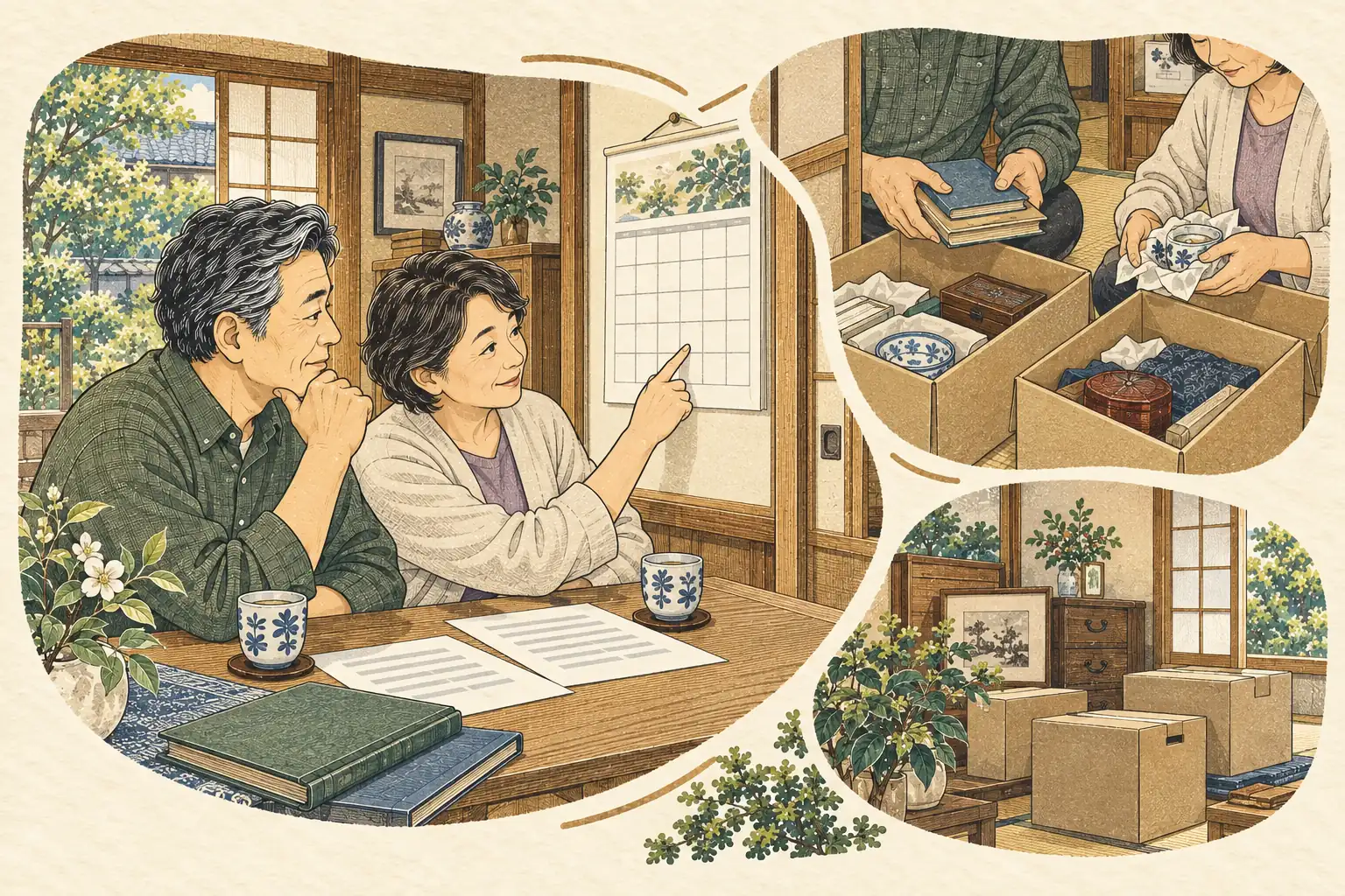 実家の部屋で、カレンダーを見ながら片付けの予定を立てる中年の夫婦