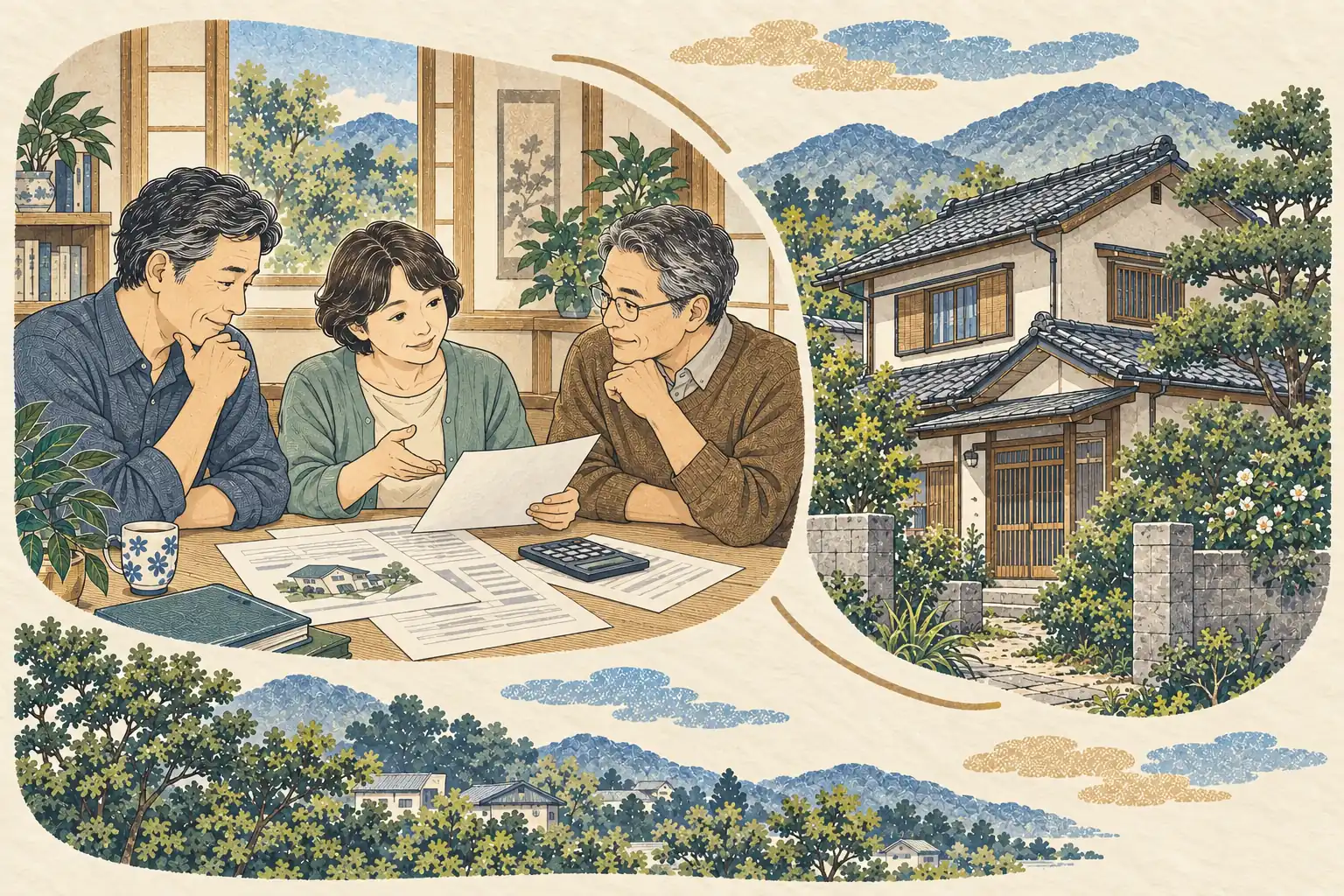 実家の解体費用について、見積書と電卓を前に話し合うきょうだい