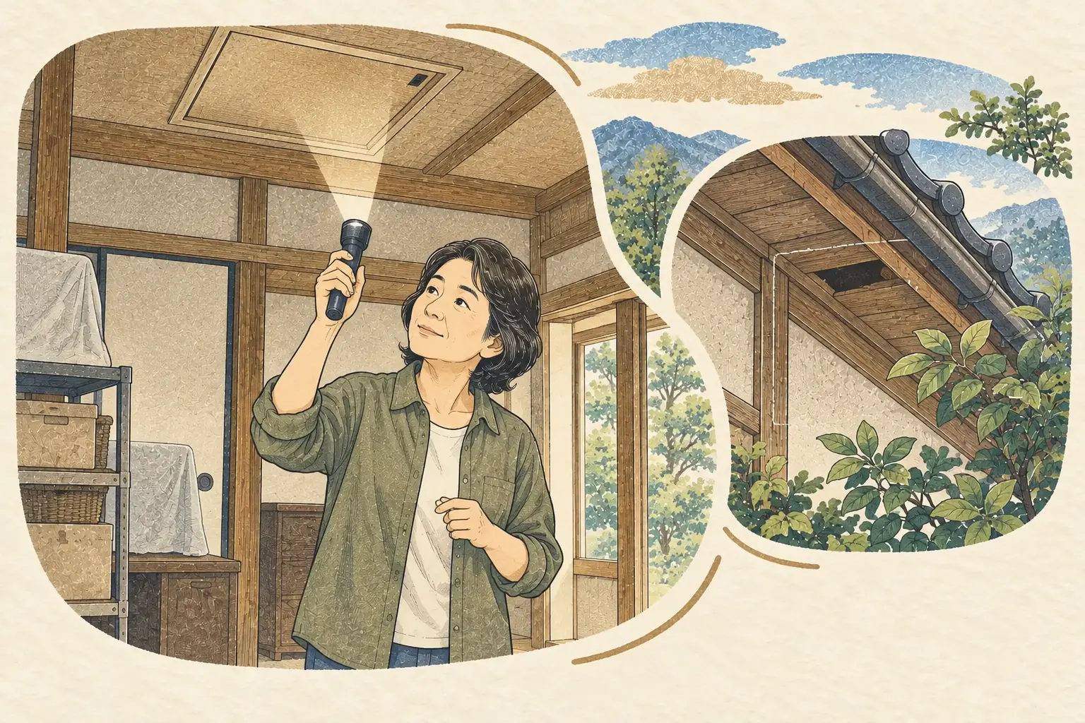 留守の実家で、懐中電灯を手に屋根裏の点検口を見上げて確かめる娘