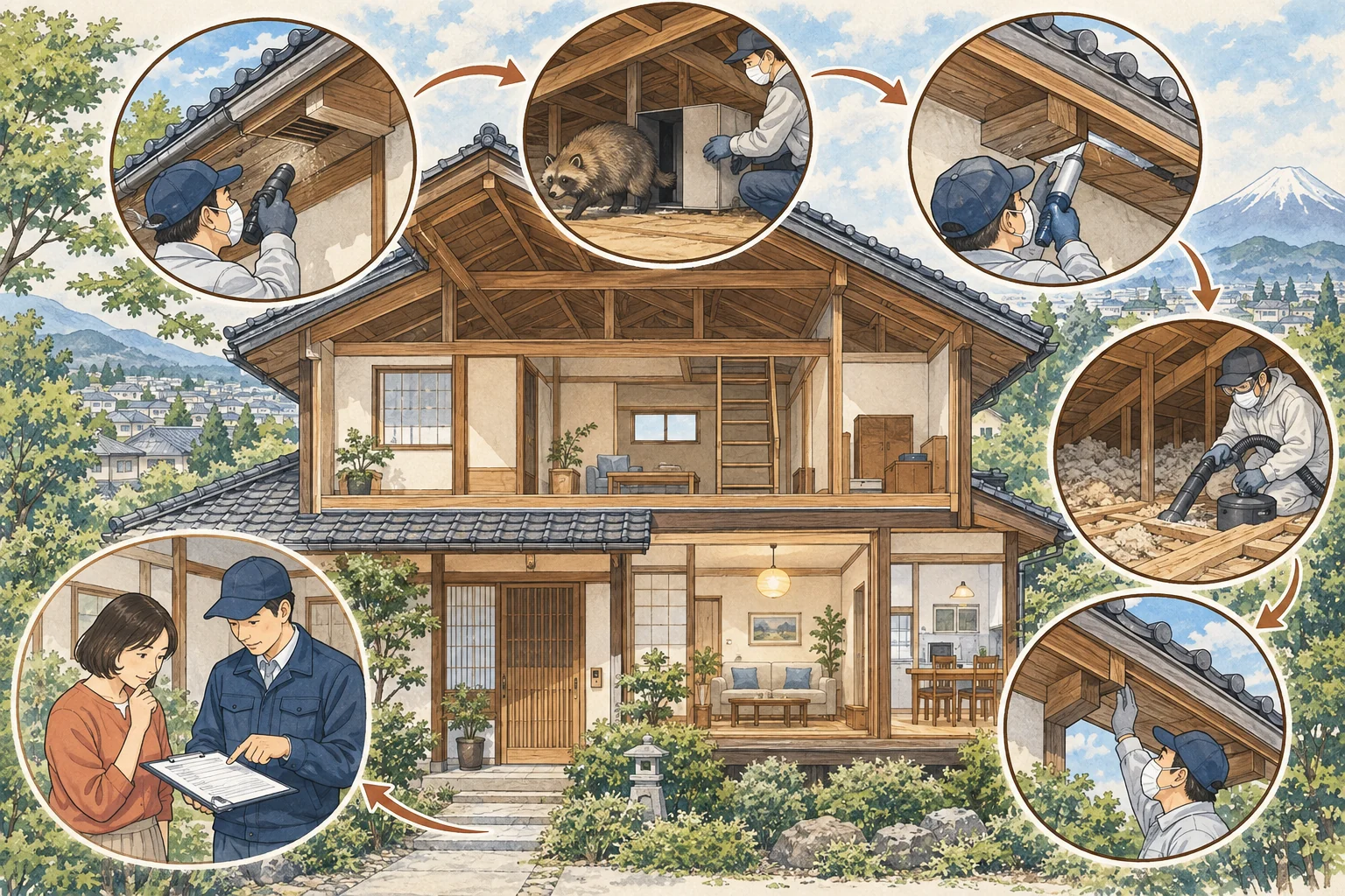 住宅への侵入口を調べて害獣駆除の作業内容を確認する人